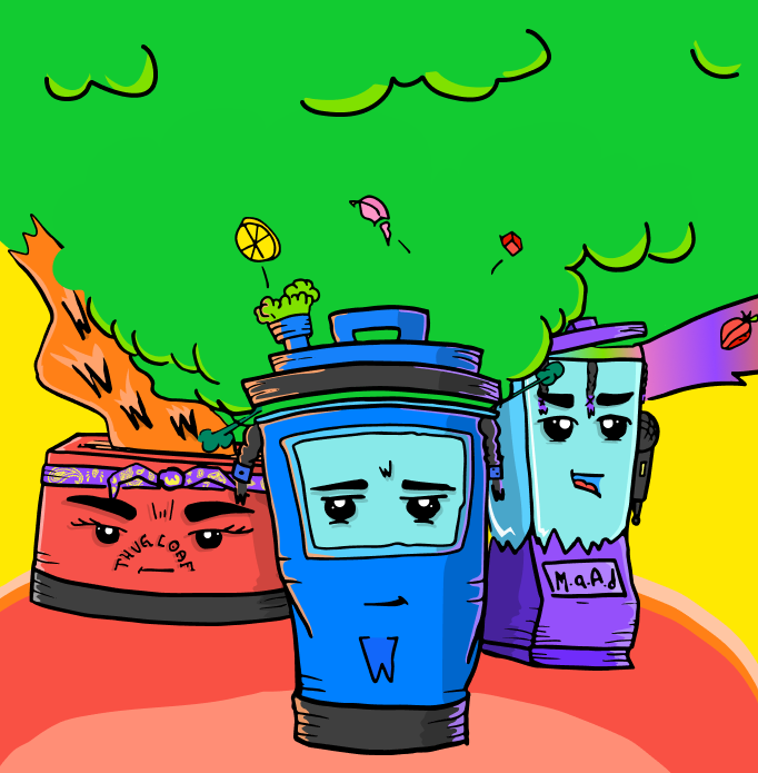 The main characters of the West Coast Lunch, Soup Dogg, 2pop, and Blendrick with steam, and smoke, and goo flying above them.